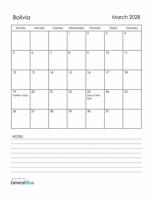 March 2028 Bolivia Calendar with Holidays (Sunday Start)