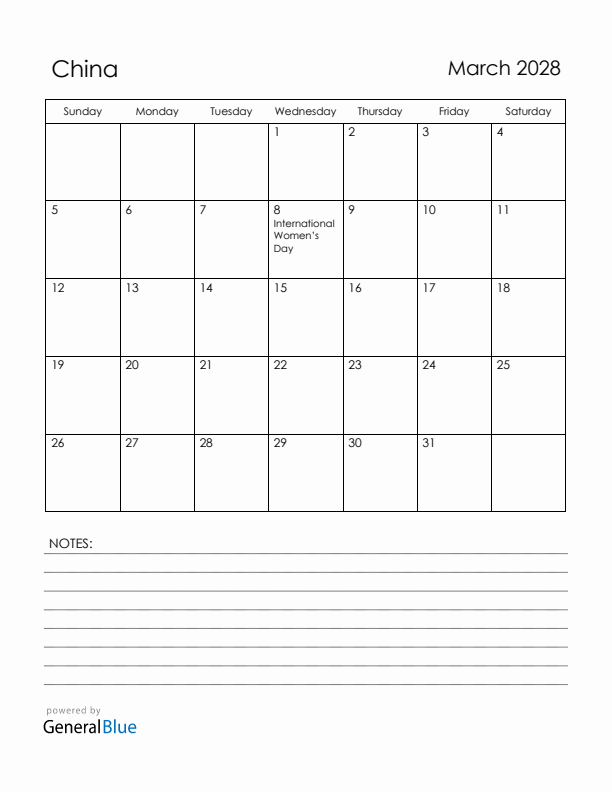 March 2028 China Calendar with Holidays (Sunday Start)