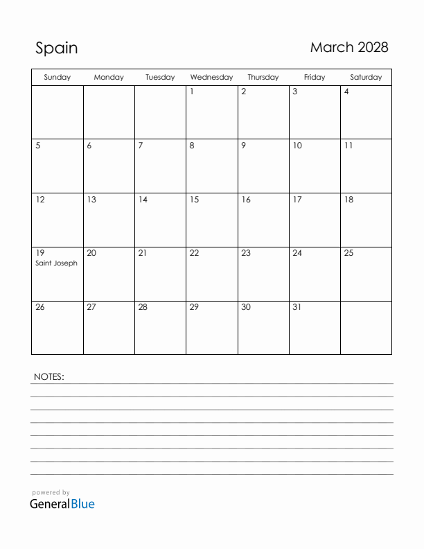March 2028 Spain Calendar with Holidays (Sunday Start)