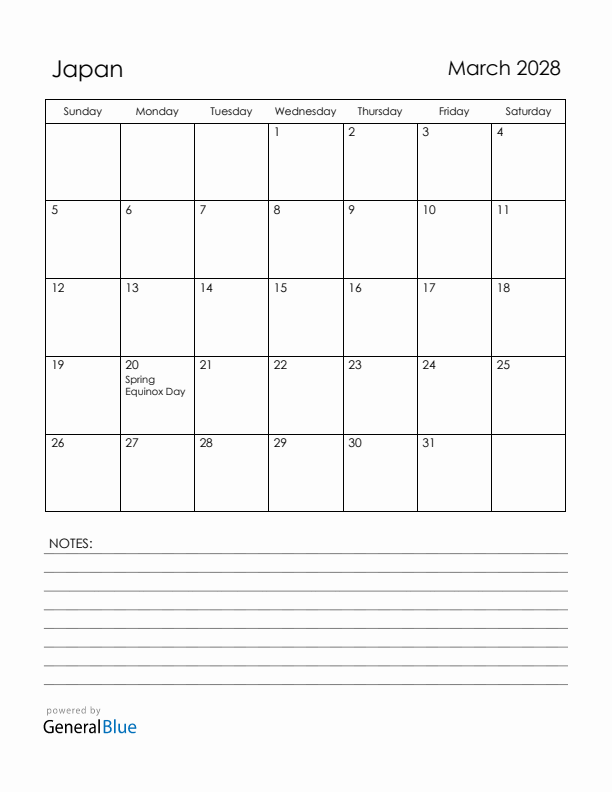 March 2028 Japan Calendar with Holidays (Sunday Start)