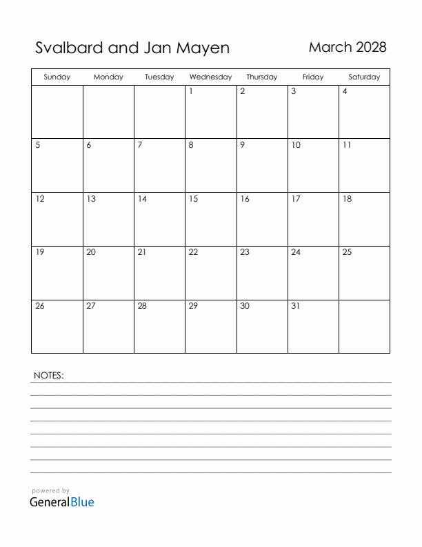 March 2028 Svalbard and Jan Mayen Calendar with Holidays (Sunday Start)