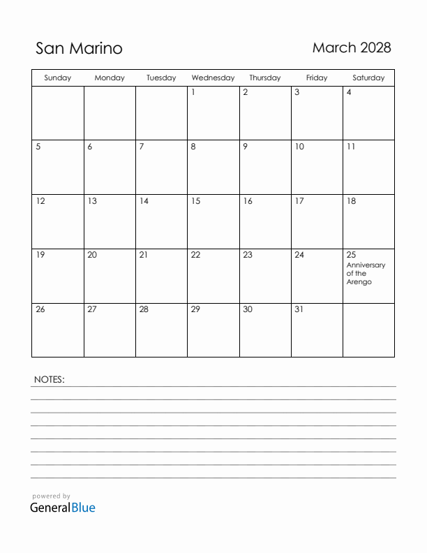 March 2028 San Marino Calendar with Holidays (Sunday Start)