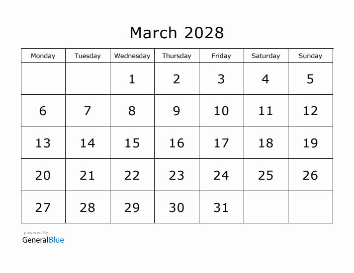 Printable March 2028 Calendar - Monday Start