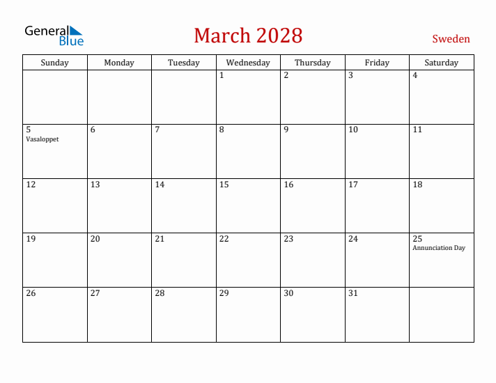 Sweden March 2028 Calendar - Sunday Start