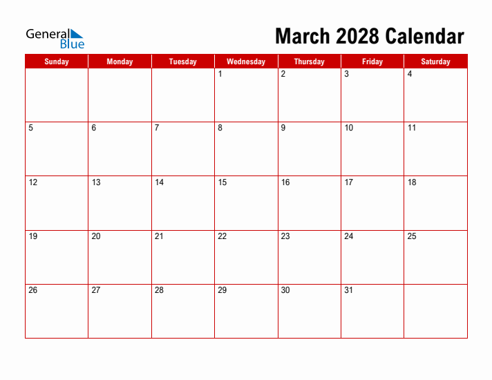 Simple Monthly Calendar - March 2028