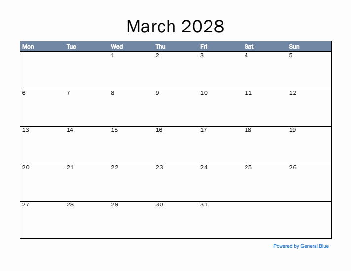 March 2028 Simple Month Calendar Template