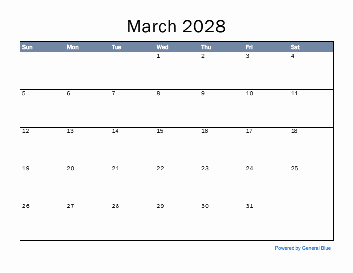 March 2028 Simple Month Calendar Template