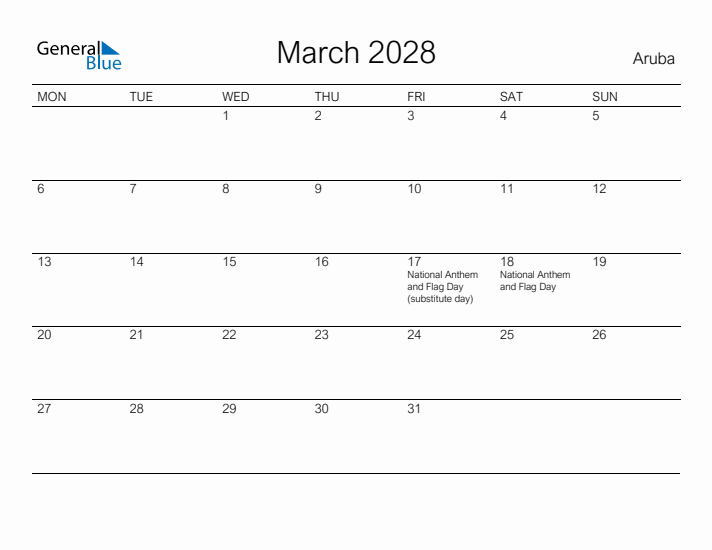 Printable March 2028 Calendar for Aruba