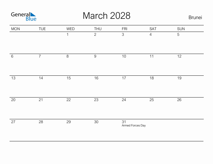 Printable March 2028 Calendar for Brunei