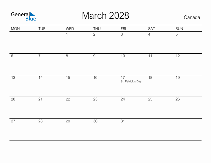 Printable March 2028 Calendar for Canada