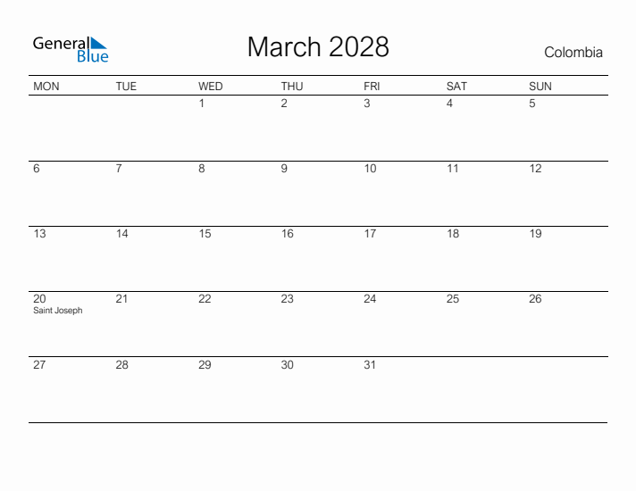 Printable March 2028 Calendar for Colombia