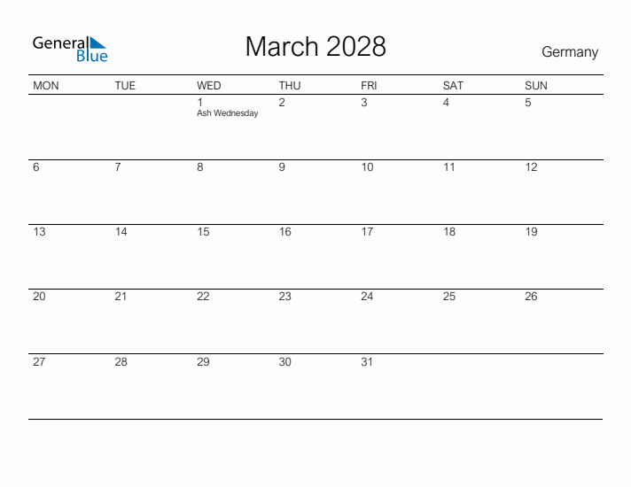 Printable March 2028 Calendar for Germany