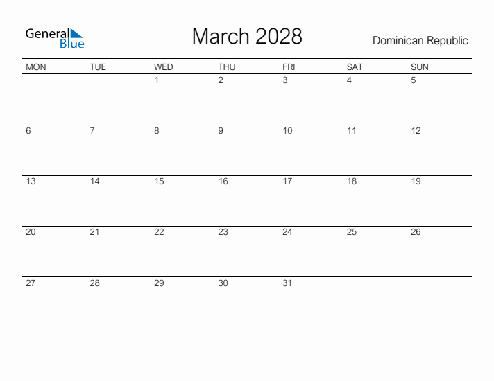 Printable March 2028 Calendar for Dominican Republic