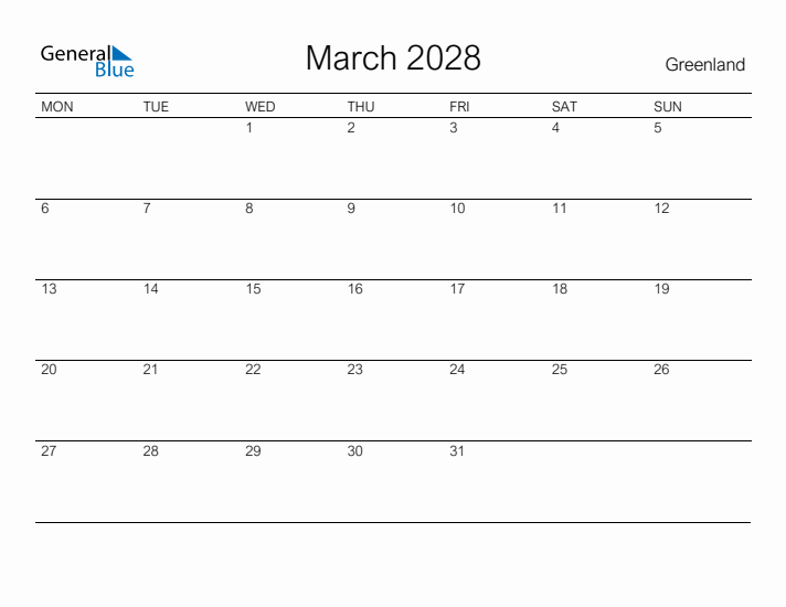 Printable March 2028 Calendar for Greenland