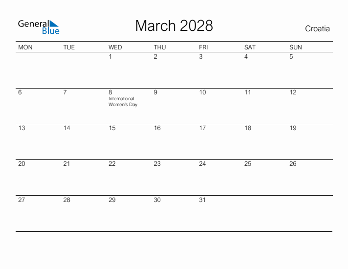 Printable March 2028 Calendar for Croatia