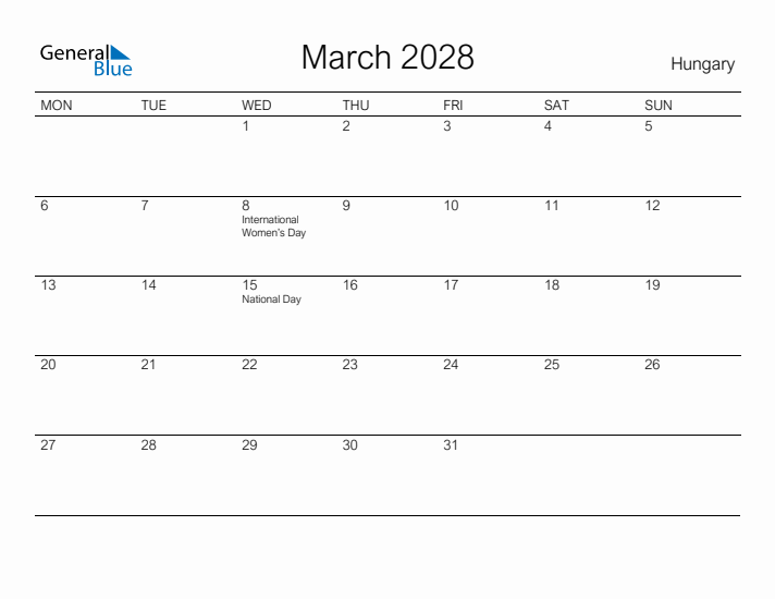 Printable March 2028 Calendar for Hungary