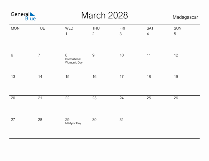 Printable March 2028 Calendar for Madagascar