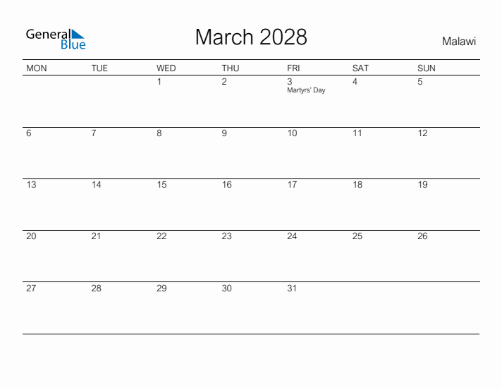 Printable March 2028 Calendar for Malawi