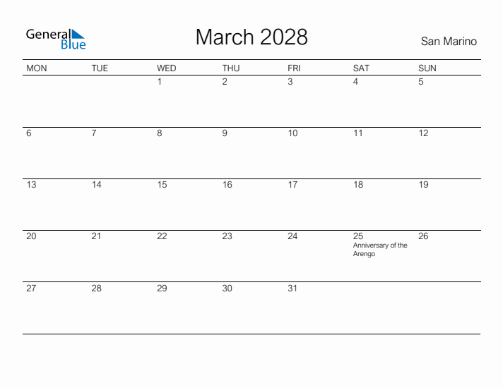 Printable March 2028 Calendar for San Marino