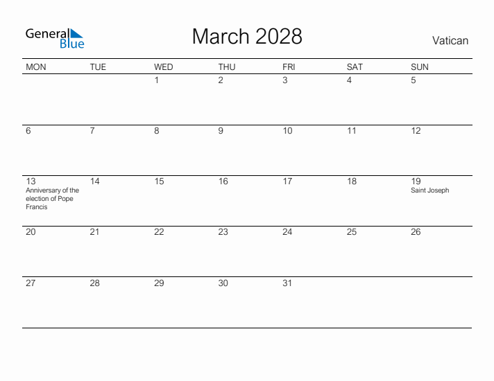 Printable March 2028 Calendar for Vatican