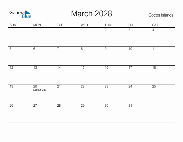 Printable March 2028 Calendar for Cocos Islands