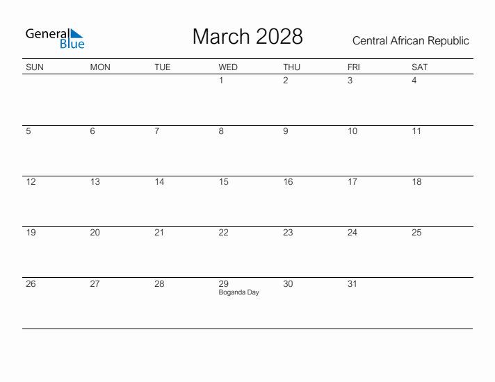 Printable March 2028 Calendar for Central African Republic