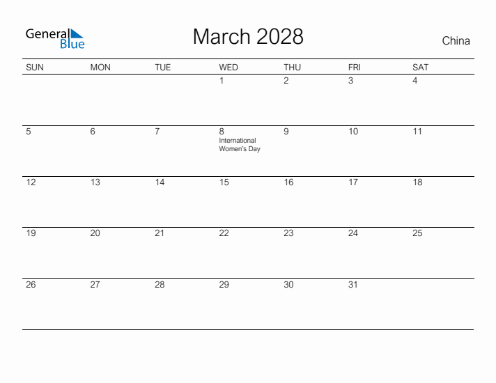 Printable March 2028 Calendar for China