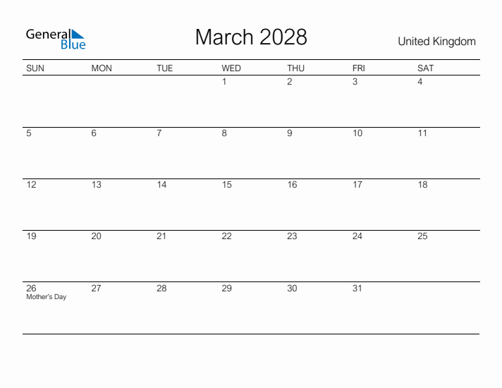 Printable March 2028 Calendar for United Kingdom