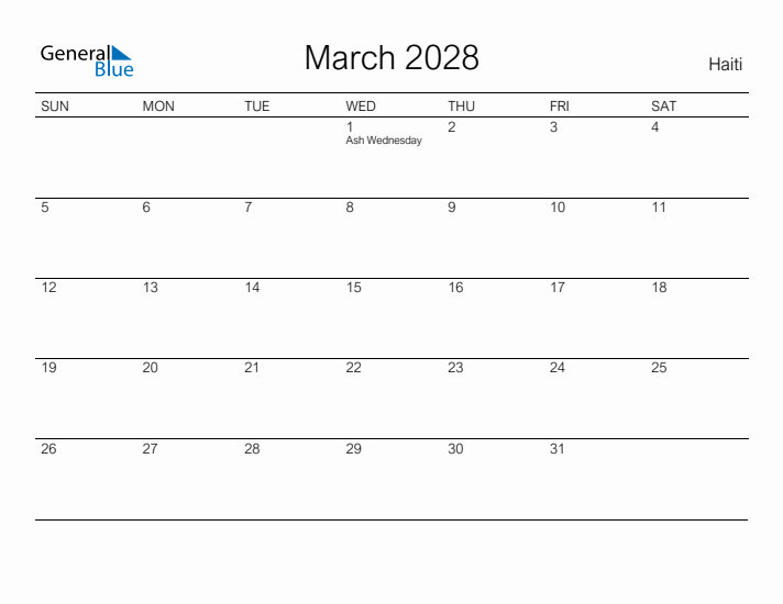 Printable March 2028 Calendar for Haiti