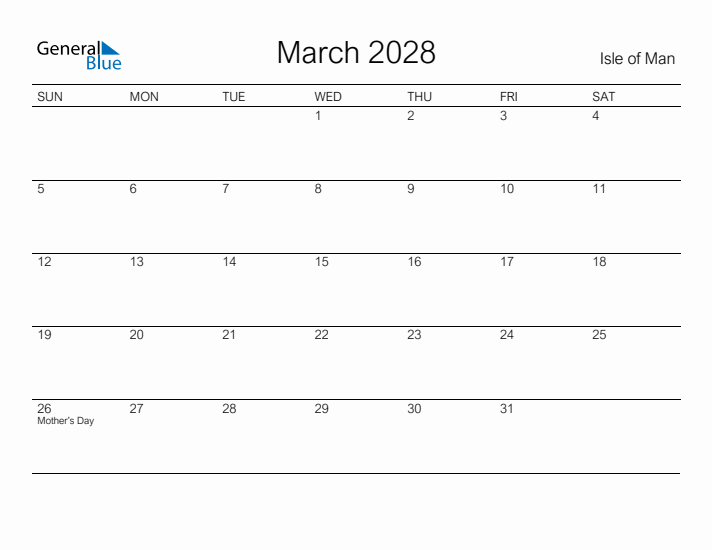 Printable March 2028 Calendar for Isle of Man