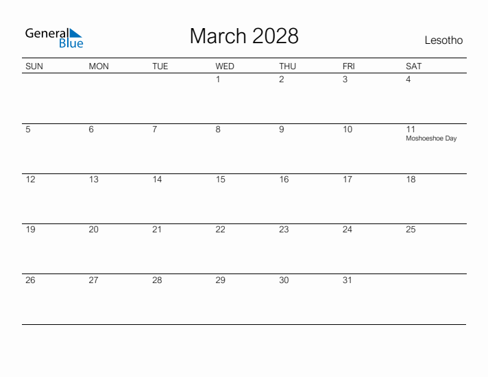 Printable March 2028 Calendar for Lesotho