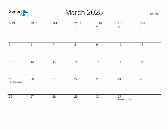 Printable March 2028 Calendar for Malta