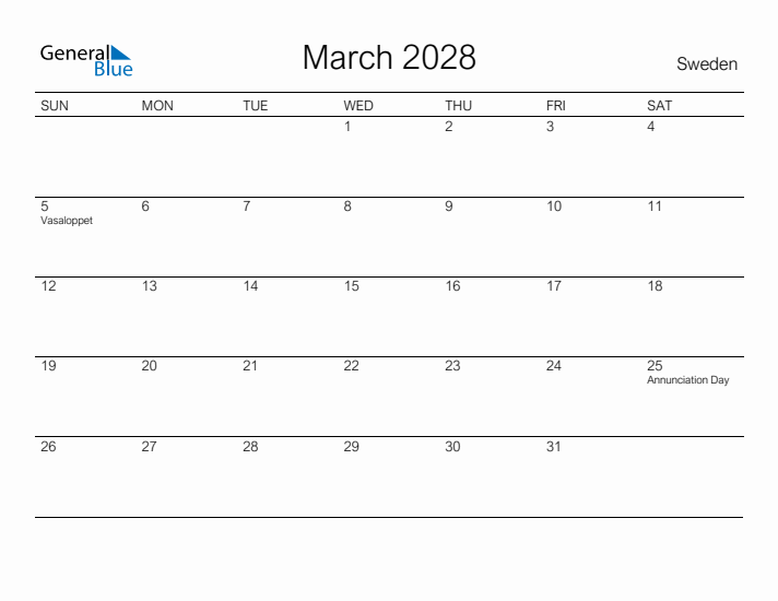 Printable March 2028 Calendar for Sweden