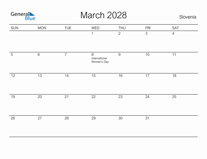 Printable March 2028 Calendar for Slovenia