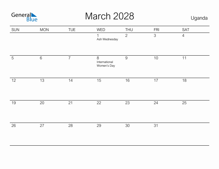 Printable March 2028 Calendar for Uganda