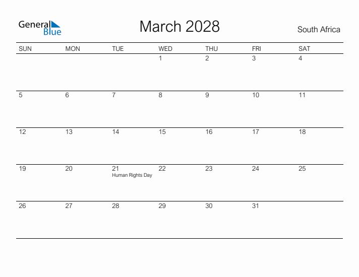 Printable March 2028 Calendar for South Africa