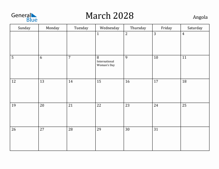 March 2028 Calendar Angola