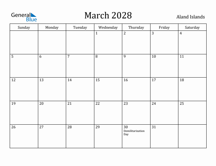 March 2028 Calendar Aland Islands