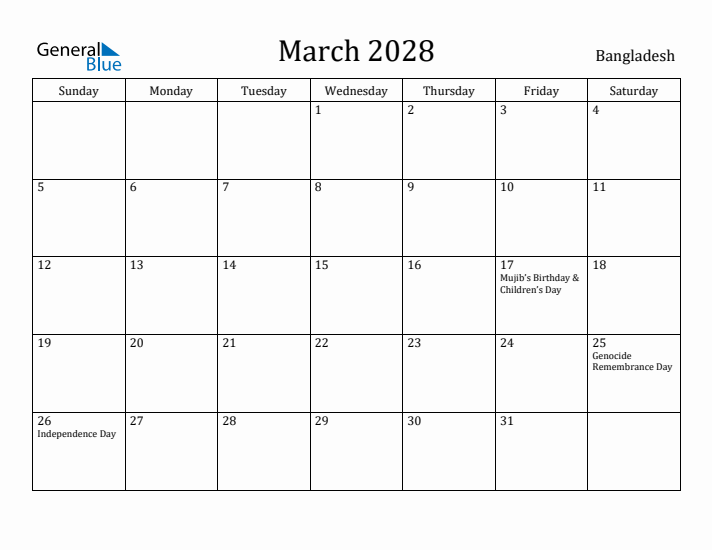 March 2028 Calendar Bangladesh