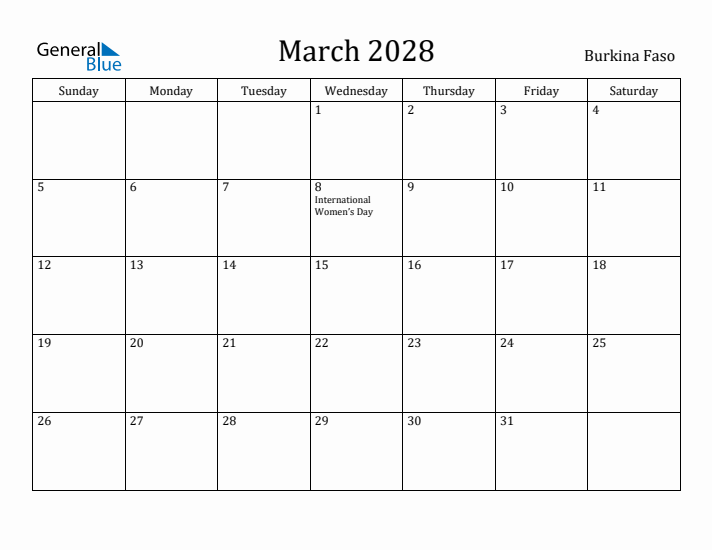 March 2028 Calendar Burkina Faso