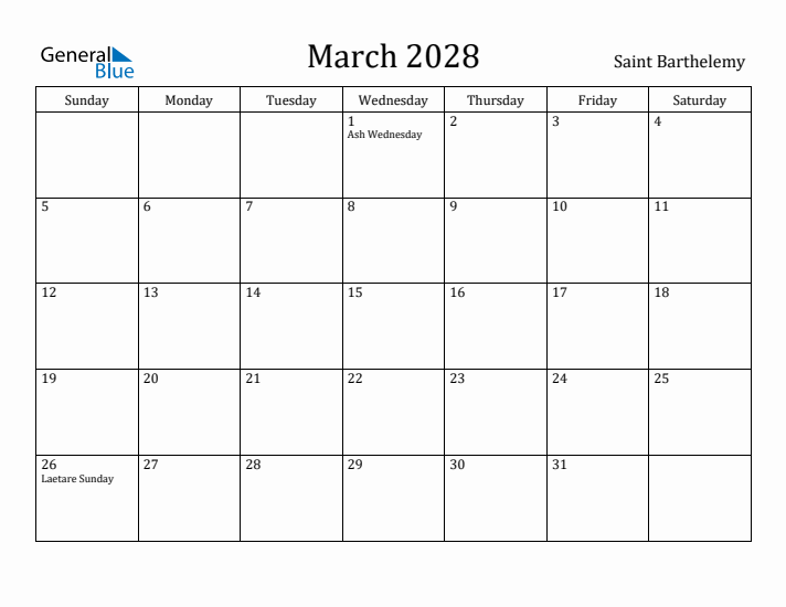 March 2028 Calendar Saint Barthelemy