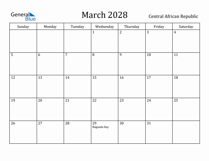 March 2028 Calendar Central African Republic