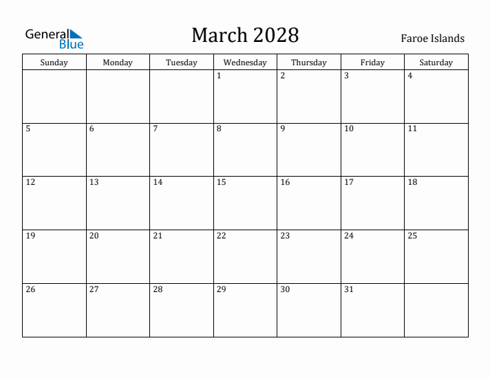 March 2028 Calendar Faroe Islands