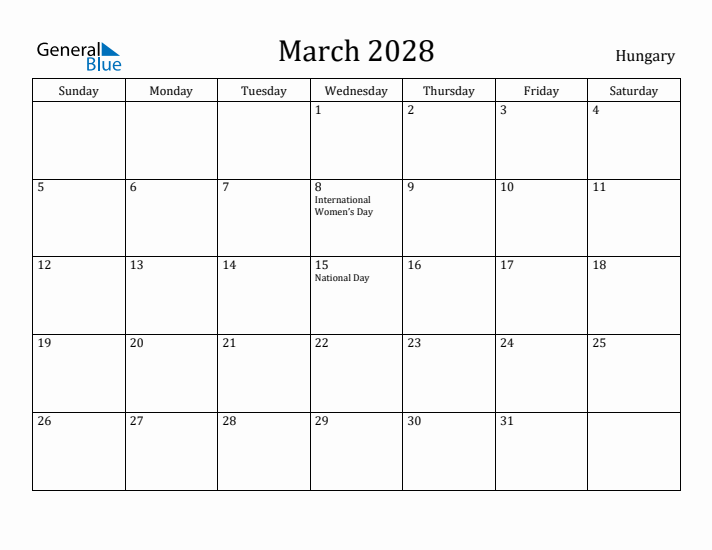 March 2028 Calendar Hungary