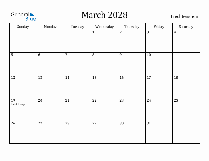 March 2028 Calendar Liechtenstein