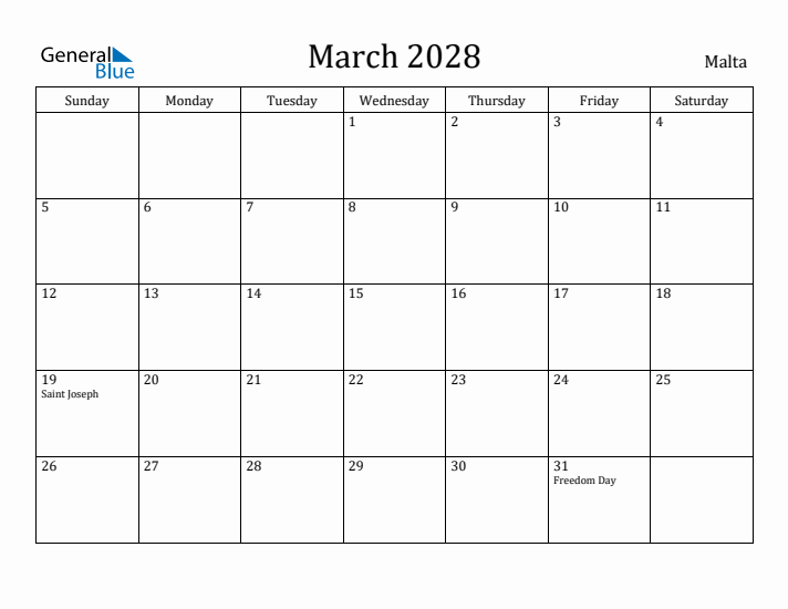 March 2028 Calendar Malta