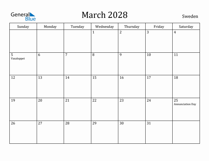 March 2028 Calendar Sweden