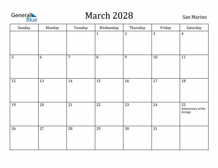 March 2028 Calendar San Marino