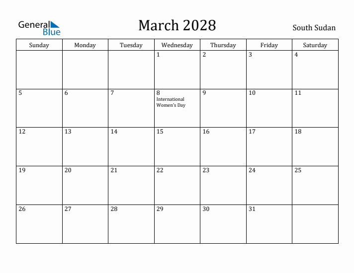 March 2028 Calendar South Sudan