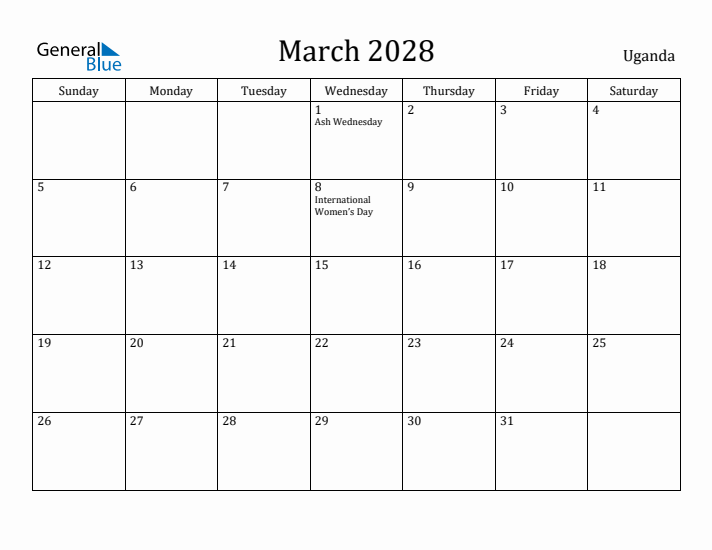 March 2028 Calendar Uganda